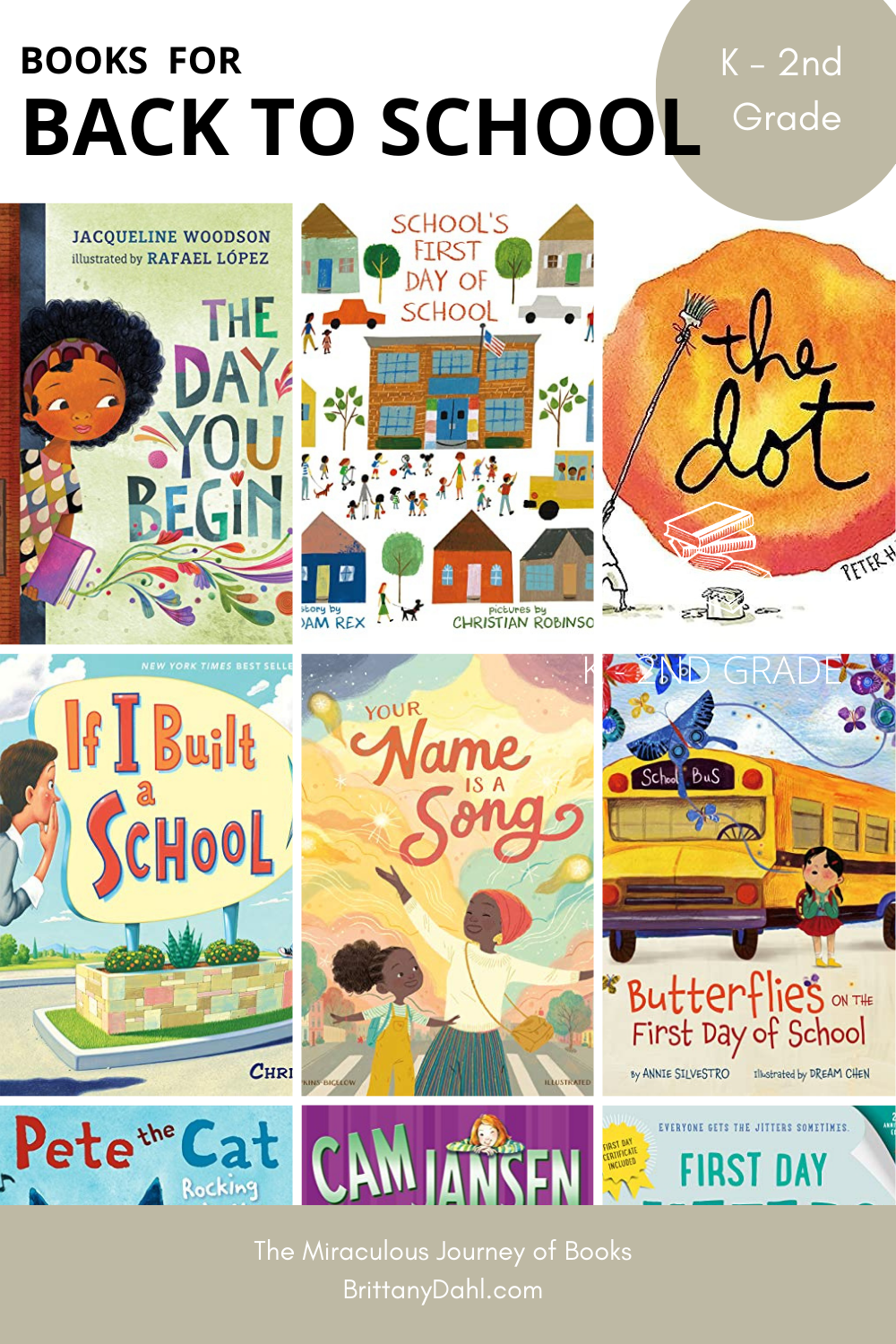 Books for Back to School for K - 2nd Grade from The Miraculous Journey of Books at BrittanyDahl.com. Image of books recommended on this book list.