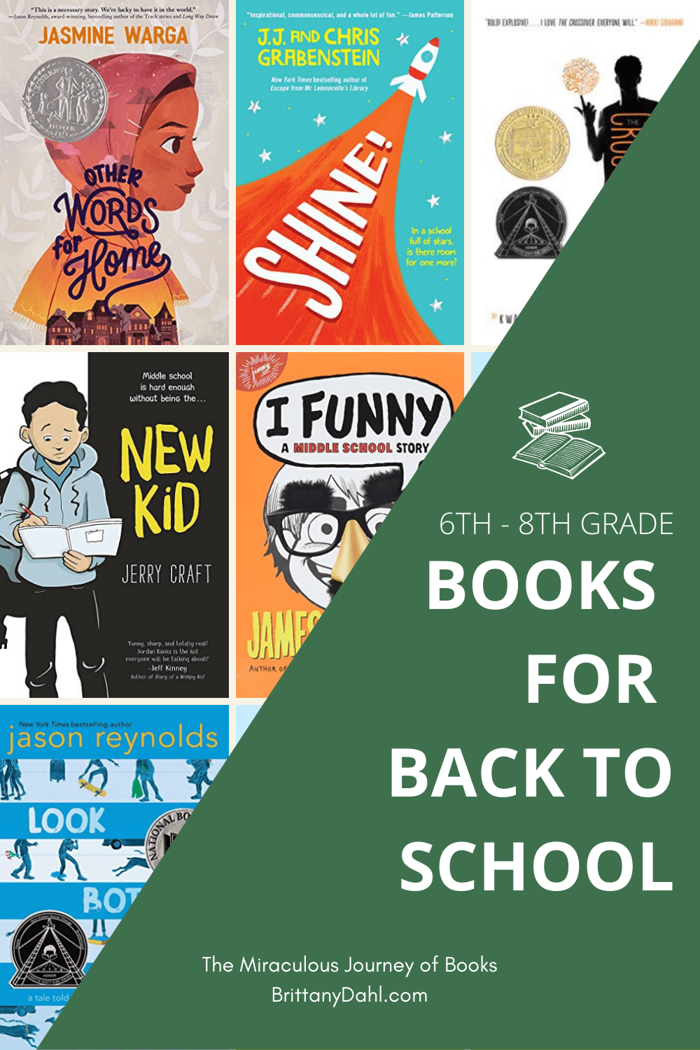 6th - 8th grade books for back to school from The Miraculous Journey of Books at BrittanyDahl.com. Image of book covers shared in this post. The Crossover, I Funny, New Kid, Shine, and more.