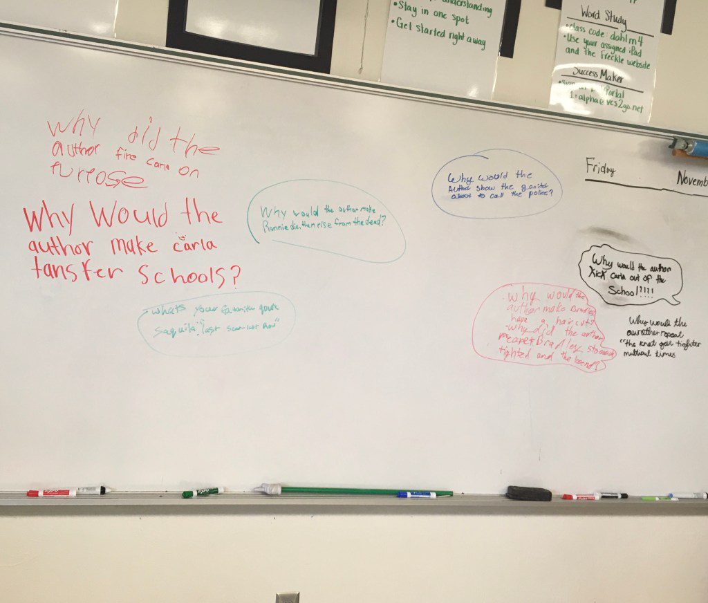 Image of whiteboard in a classroom. Students have written questions on the board based on their personal disucssions.