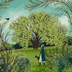 Jane Newland Illustration - woman walking through trees with dog.
