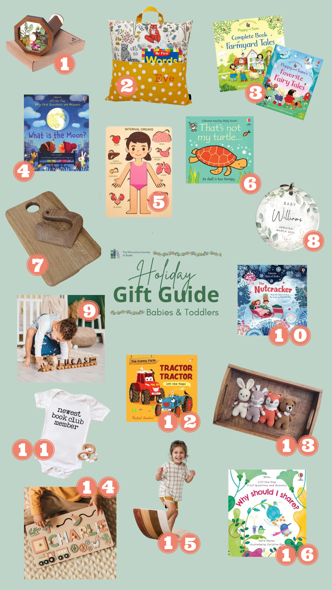 Holiday Gift Guide for Babies and Toddlers. Image includes 16 different gift items that are described in this post.