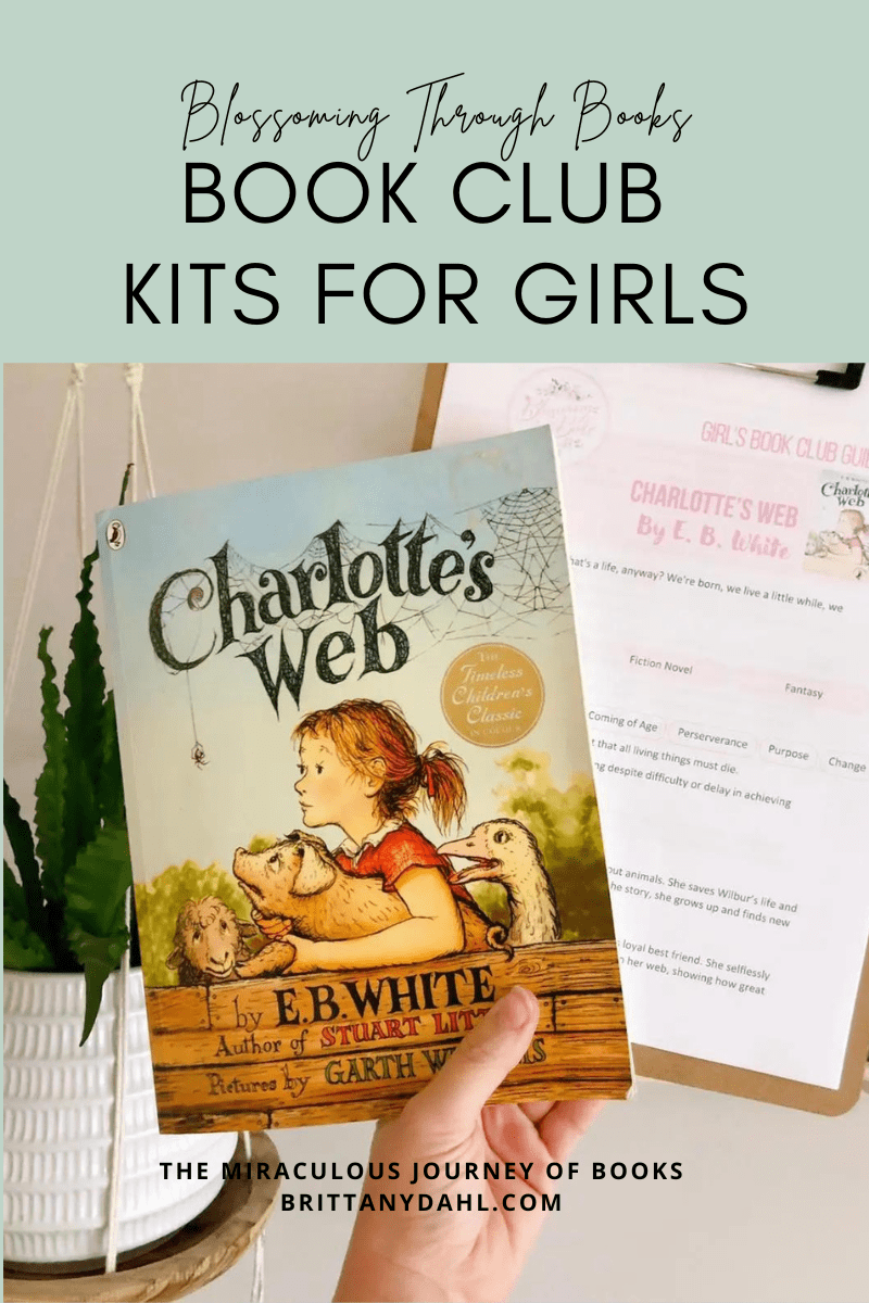 Blossoming Through Books Book Club Kits for Girls. Image of Charlotte's Web by E.B. White and clipboard with a selection of questions from the book club guide. 