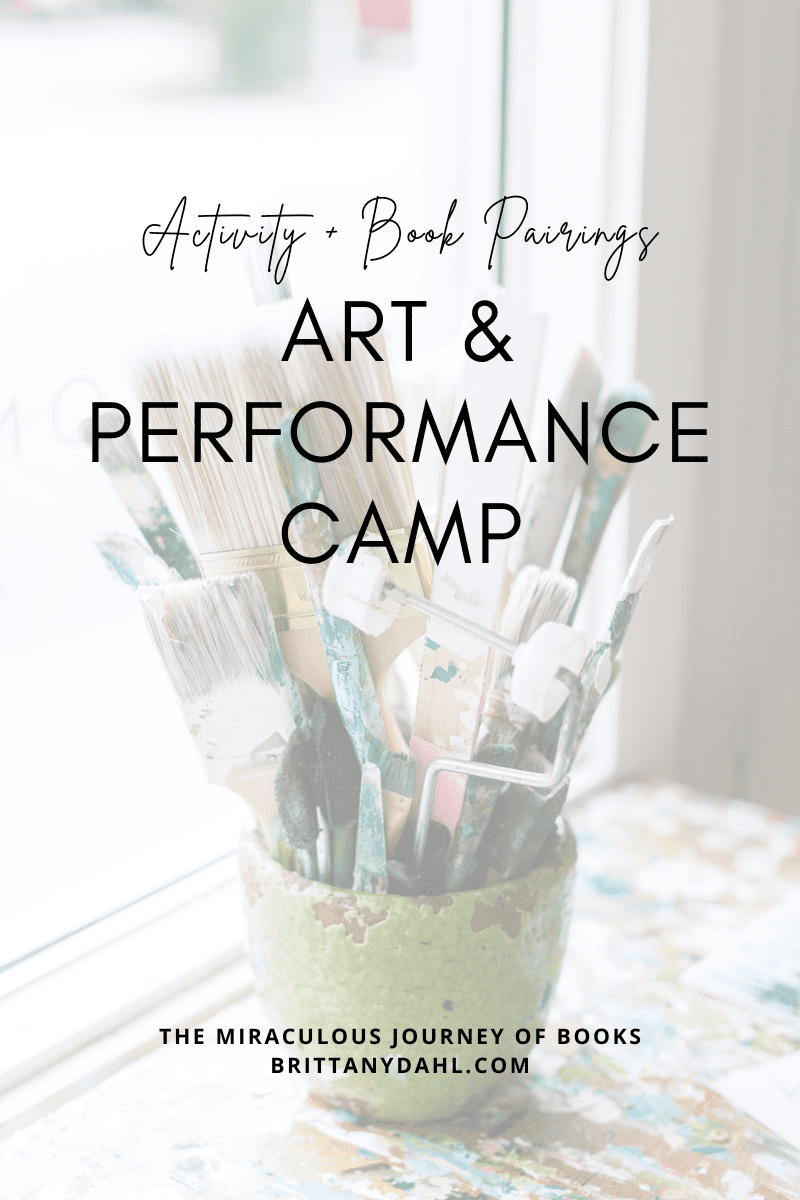Activity and Book Pairings: art and performance camp from The Miraculous Journey of Books at BrittanyDahl.com. Image of green jar filled with paintbrushes. The jar is sitting on a table next to a window.