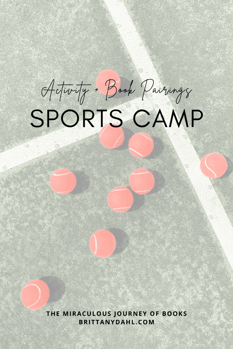 Activity and Book Pairings: Sports Camp. Close-up image of 9 tennis balls on a tennis court.