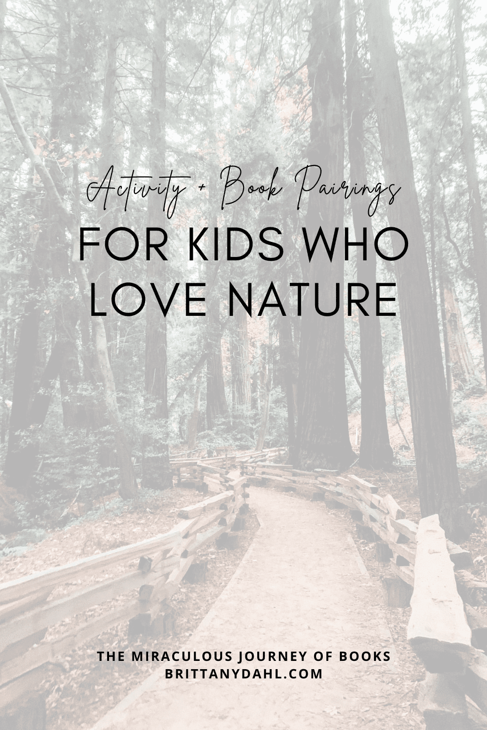 Activity + Book Pairings for Kids Who Love Nature. Image of hiking path through a grove of tall trees.