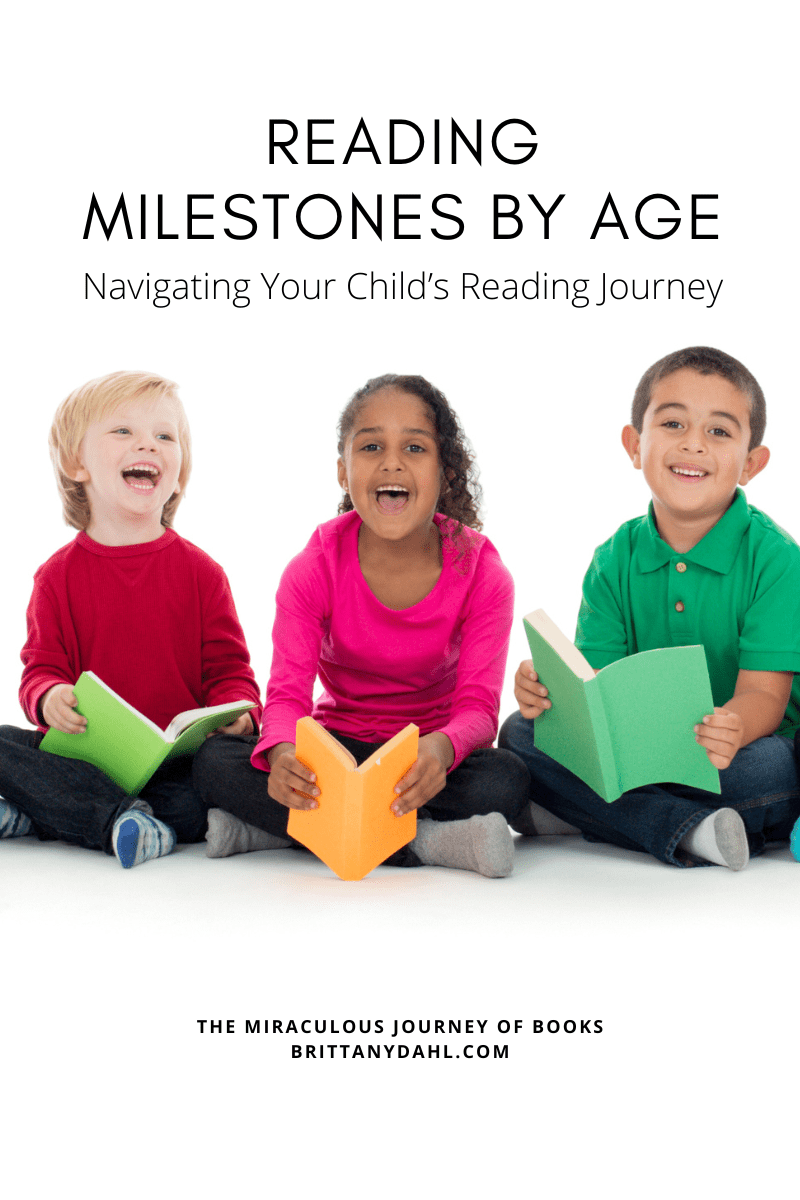 Reading Milestones by Age: Navigating Your Child's Reading Journey written by The Miraculous Journey of Books at BrittanyDahl.com. Image of three children in brightly colored shirts, holding books and smiling big.