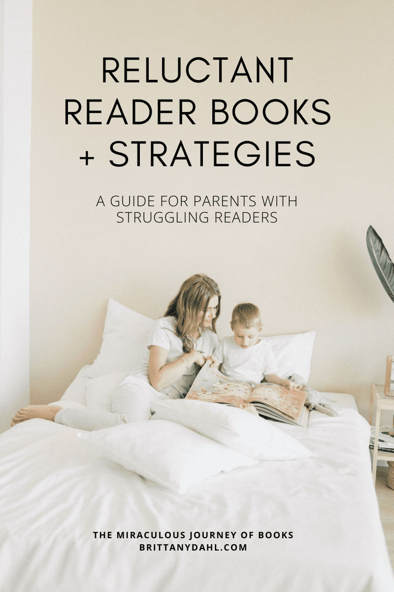 Reluctant reader books and strategies: a guide for parents with struggling readers. Image of mother and son reading together in a bed. 