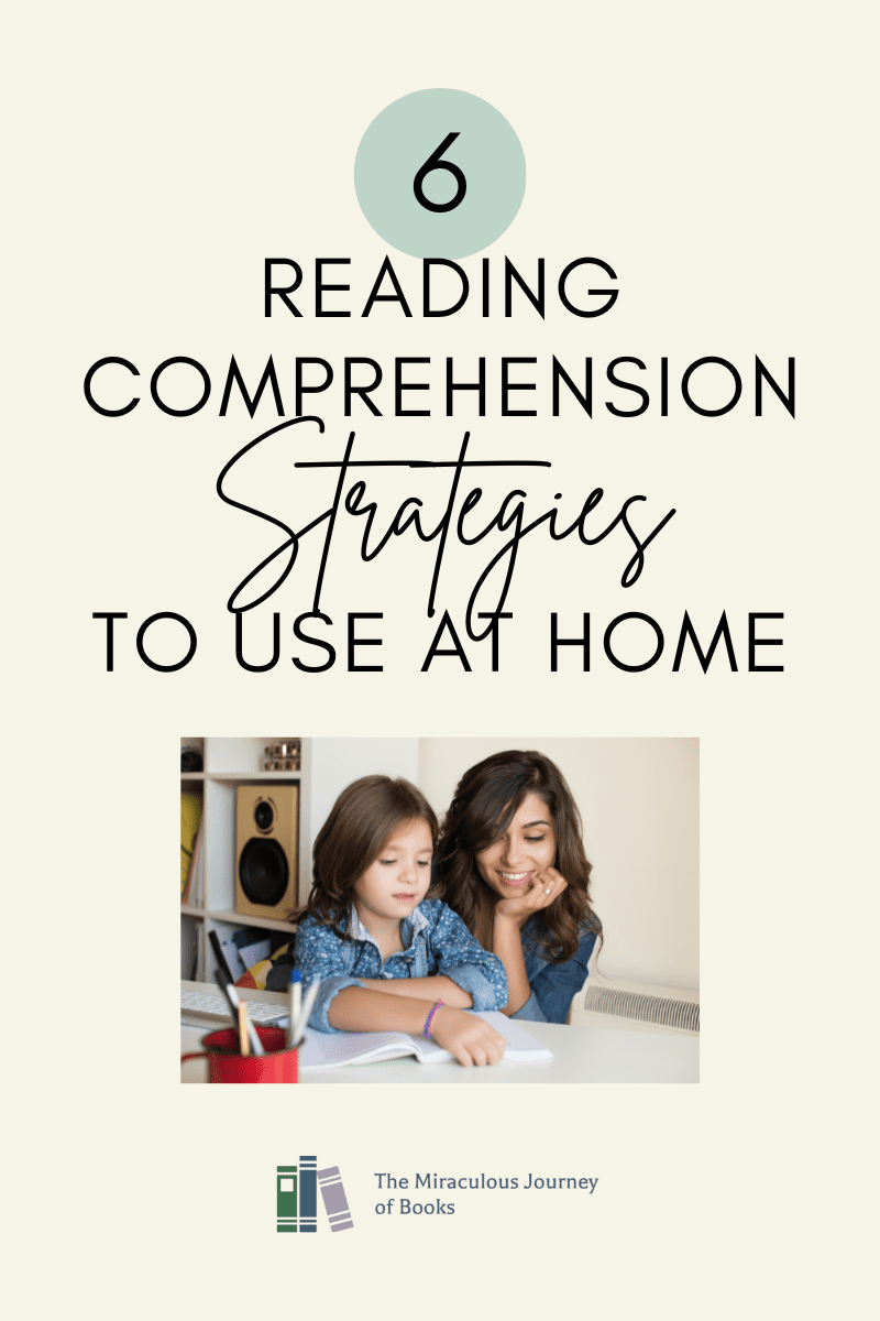 6 Reading comprehension strategies to use at home with your child. Image of mom and daughter reading together. A post by The Miraculous Journey of Books at BrittanyDahl.com