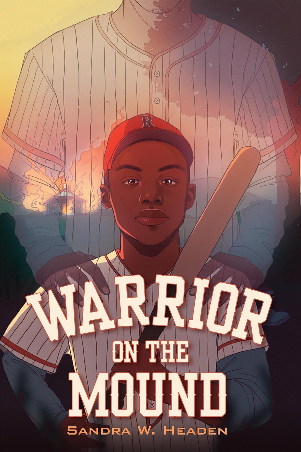 Cover of the book, Warrior on the Mound by Sandra W. Headen. Image of young Black boy wearing a baseball hat and holding a bat. There is a figure in the background that is transparent and holding onto his shoulders. 