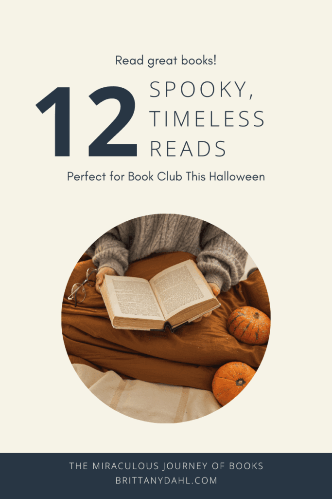 Read great books! 12 Spooky, timeless reads perfect for book club this season. Spooky Book Club Reads. Image of woman holding an open book with pumpkins beside her. 