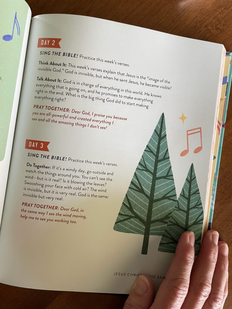 Close up image of inside of the book. Shows Day 2 and 3 of one of the verses. Each prompt walks you through how to use the book on that day--sing the song, think about a question, and then talk about it. Finally, pray together.