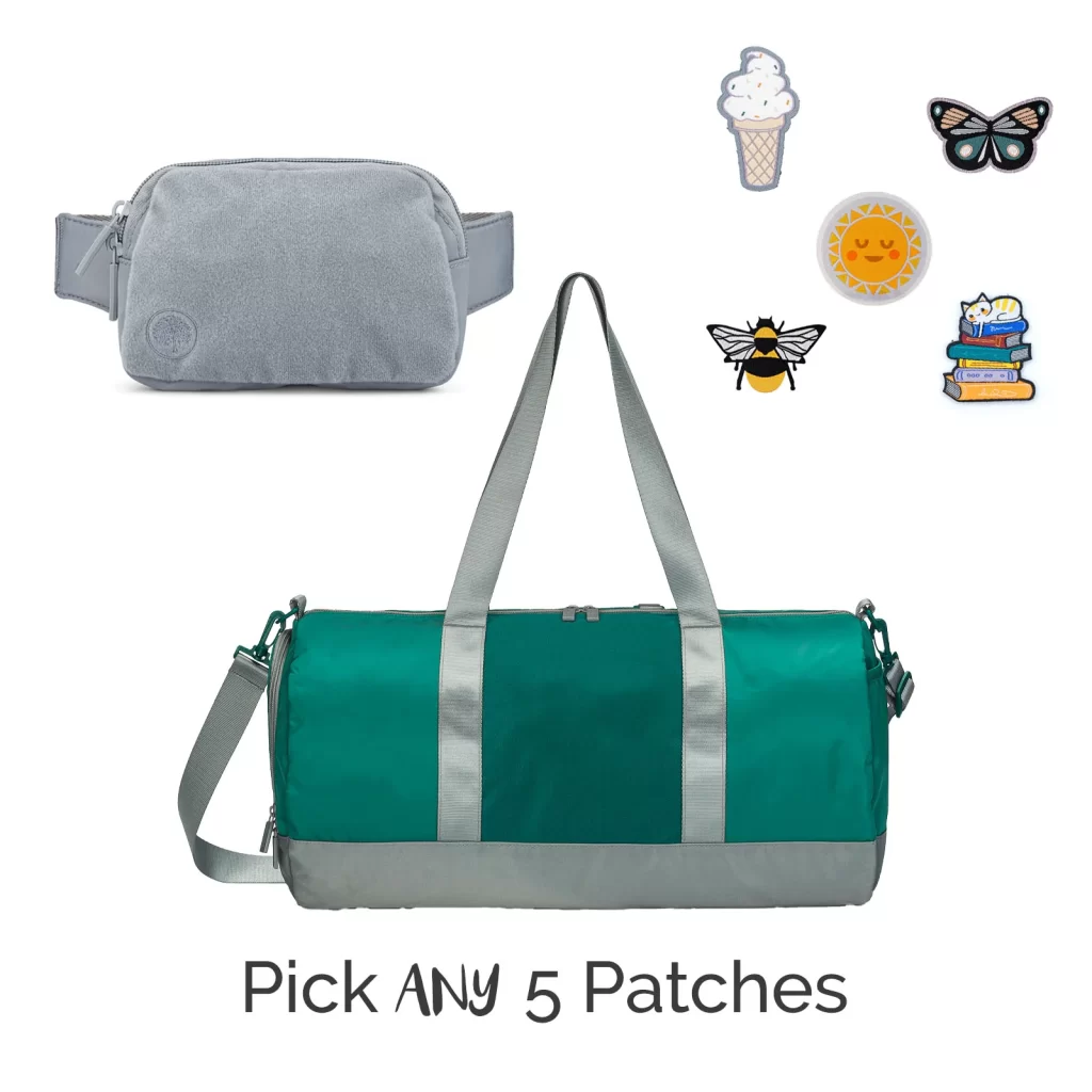 Image of items included in the travel bundle--belt bag, overnight bag, and 5 patches.