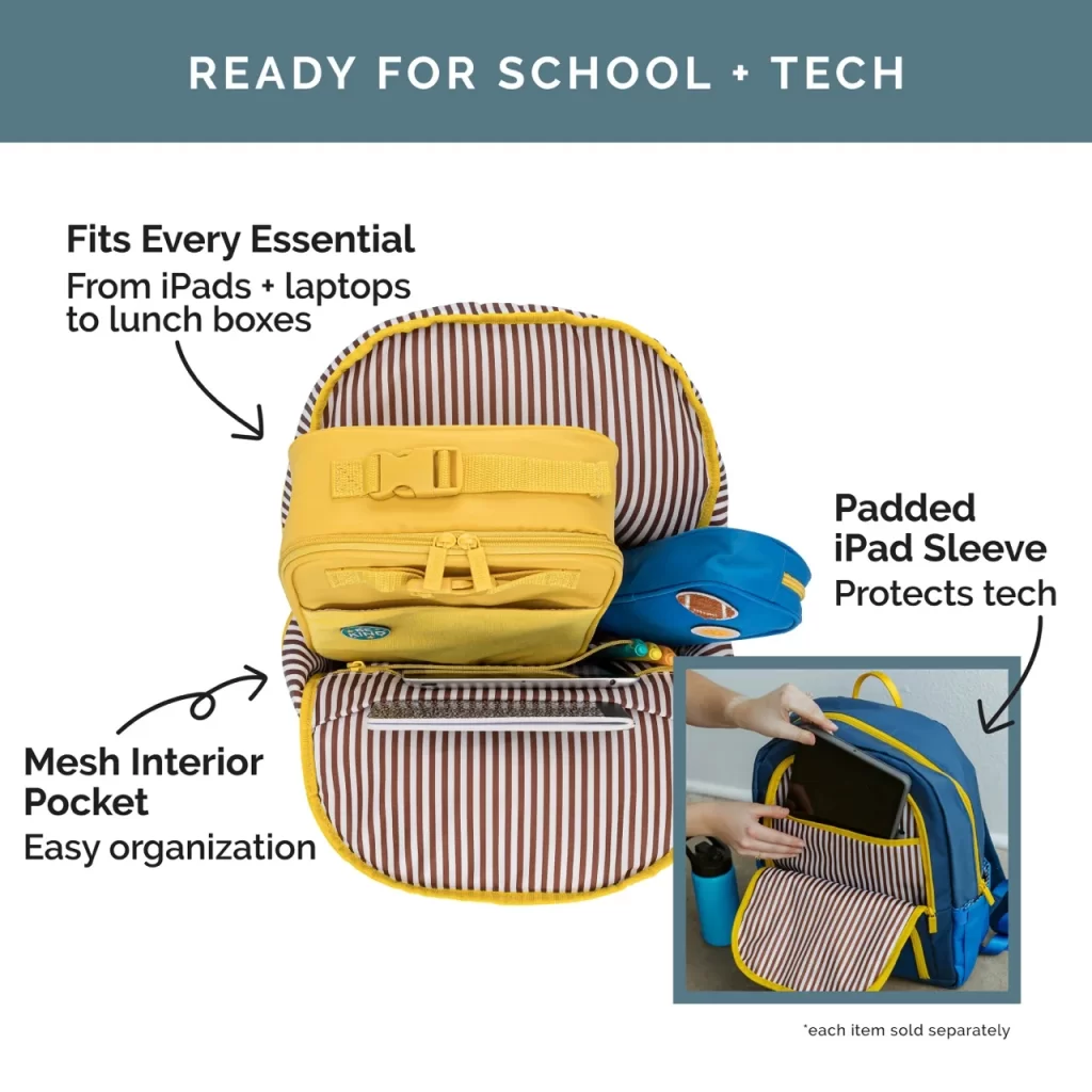 Read for school + tech. Image of inside of the backpack. It has the lunch box, a notebook, and a pencil case inside.